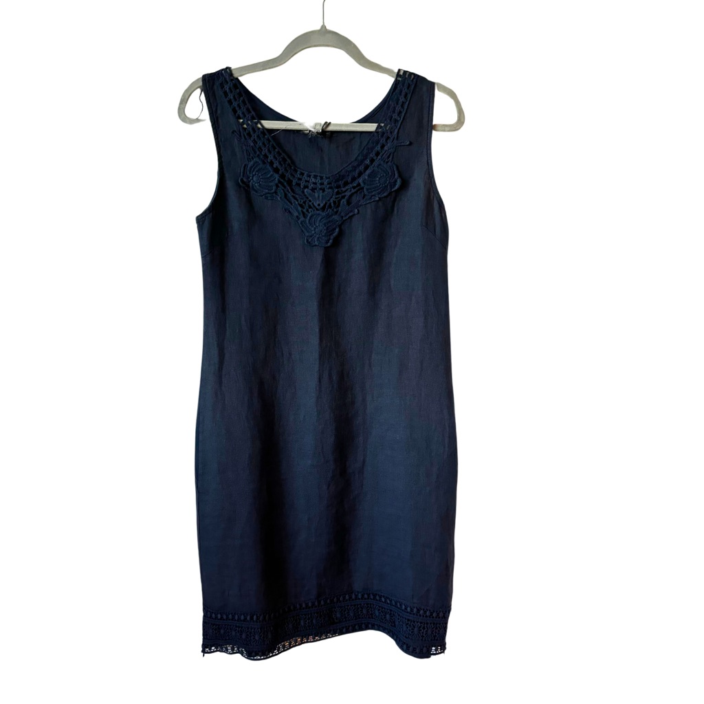 Nwt M Made In Italy Linen Embroidered Dress Navy/Sm